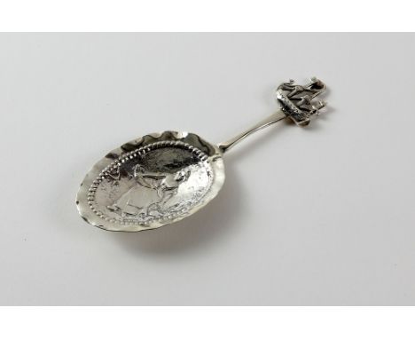 Dutch silver ship topped large bowl caddy spoon, import London 1913