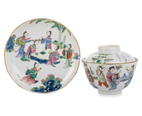 CHINESE LIDDED BOWL AND SAUCER, LATE 19TH CENTURY  the bowl and saucer decorated with figures surrounded by trees and foliage