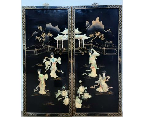 TWO CHINESE 'MIRROR EFFECT' WOOD PANELS, LATE 20TH CENTURY each of rectangular form, decorated with figures in Mother of Pear