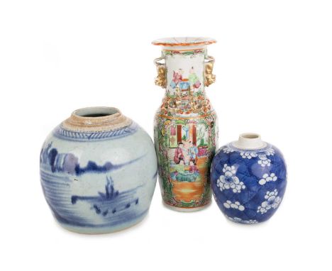 GROUP OF CHINESE PORCELAIN, 18TH - 19TH CENTURY comprising two ginger jars, one decorated with prunus flowers on a cobalt blu