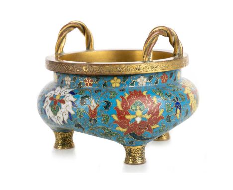 CHINESE CLOISONNE MING STYLE TRIPOD CENSER, MID 20TH CENTURY OR EARLIER twin handled, the body enamelled with lotus blooms an