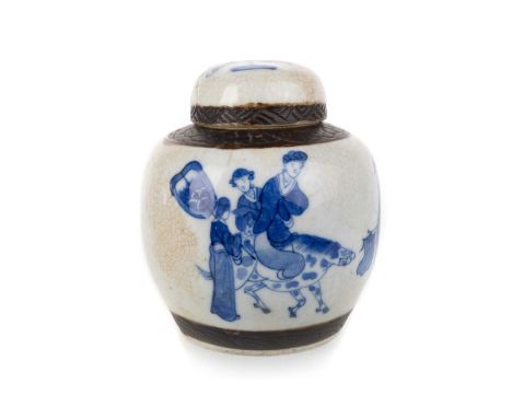 CHINESE BLUE AND WHITE CRACKLEGLAZE LIDDED GINGER JAR, POSSIBLY KANGXI OR LATER decorated with two figures on horseback and t