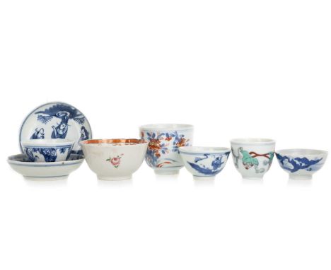 CHINESE QING DYNASTY TEA BOWL, AND OTHER CHINESE CERAMICS painted with fruiting vines on a white ground, painted character ma