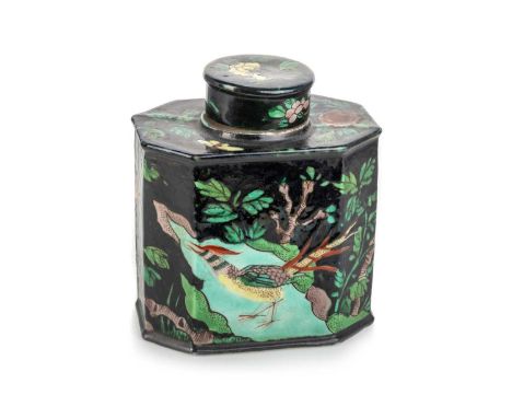 CHINESE FAMILLE VERTE TEA CADDY, LATE 19TH/EARLY 20TH CENTURY  of oblong form, decorated with leafes, a phoenix, blossom and 