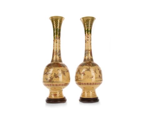 PAIR OF 19TH CENTURY JAPANESE SATSUMA VASES, MEIJI PERIOD (1868 - 1912) decorated with continuous scenes of birds, flowers an