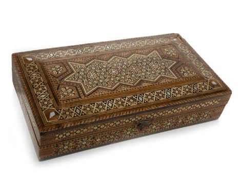 MIDDLE EASTERN MOSAIC GAMES CASKET, EARLY 20TH CENTURY  with a hinged rectangular lid, inlaid allover and to the interior wit