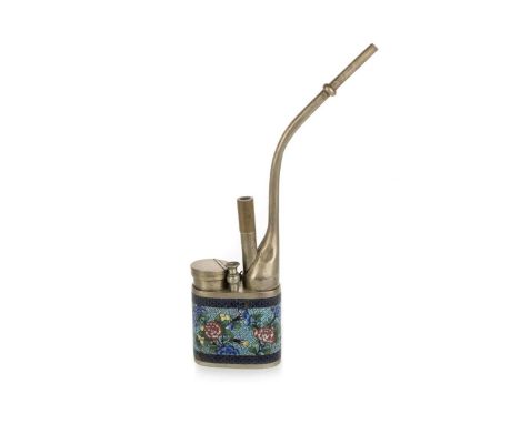 CHINESE WHITE METAL OPIUM PIPE, EARLY/MID 20TH CENTURY the main body with enamelled floral and foliage decoration, unmarked27