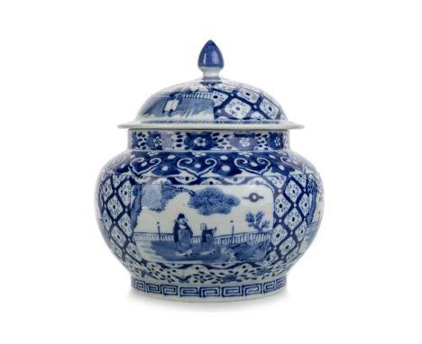 CHINESE BLUE AND WHITE LIDDED JAR, EARLY 20TH CENTURY  painted with reserves of figures in garden settings, painted blue seal