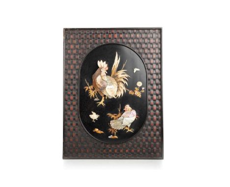 JAPANESE LACQUERED WOOD PANEL, LATE 19TH CENTURY   decorated with two cockerels, a chick and butterfly in relief with ivory, 