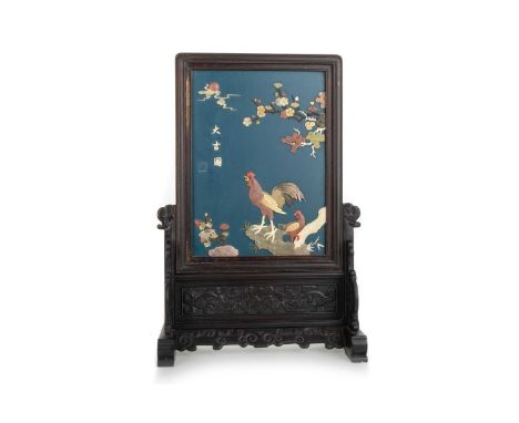 CHINESE ZITAN DOUBLE SIDED TABLE SCREEN, 19TH CENTURY one side inlaid with a cockeral and hen on a naturalistic ground, benea