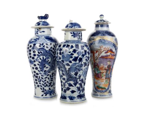 18TH CENTURY CHINESE 'MANDARIN' LIDDED VASE, AND TWO CHINESE BLUE AND WHITE VASES Qianlong (1736 - 1795), of tapered form, de