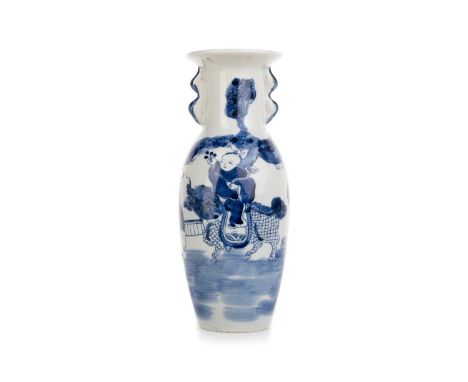 CHINESE BLUE AND WHITE VASE, EARLY 20TH CENTURY of baluster form, twin handled, decorated with children, one riding a dragon,