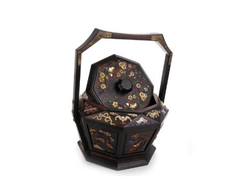 CHINESE ZITAN WOOD FOOD BOX, LATE 19TH/EARLY 20TH CENTURY of octagonal form, inlaid with Foo bats, birds, flowers, trees and 