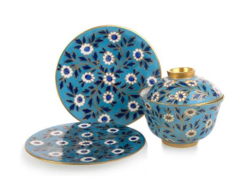 RARE 'CHAKRI' PART TEA SERVICE, LATE 19TH CENTURY, CIRCA 1887  comprising a lidded tea bowl and two saucers, each decorated w
