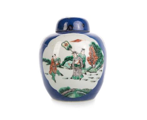 CHINESE FAMILLE VERTE LIDDED GINGER JAR, EARLY 20TH CENTURY of ovoid form, decorated with individual panels of people, flower