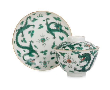 CHINESE LIDDED BOWL AND SAUCER, LATE 19TH CENTURY each decorated with dragons chasing the flaming pearl, the saucer bearing D