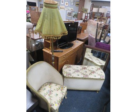 A WICKER BEDROOM CHAIR, OTTOMAN, MIRROR AND A STANDARD LAMP (4)