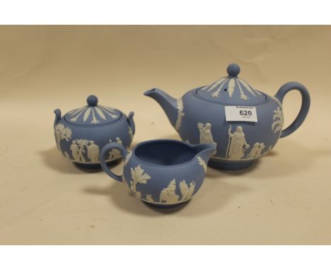 A BLUE WEDGWOOD JASPERWARE 3 PIECE TEA SERVICE