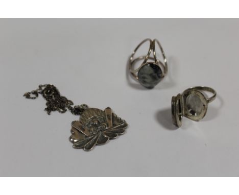 A SILVER PENDANT ON CHAIN, LOCKET RING AND ANOTHER (3) 