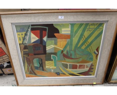 AFTER ANDRE L'HOTE (1885-1962) - ABSTRACT DOCKLAND SCENE WITH BOATS COLOURED PRINT ON BOARD 
