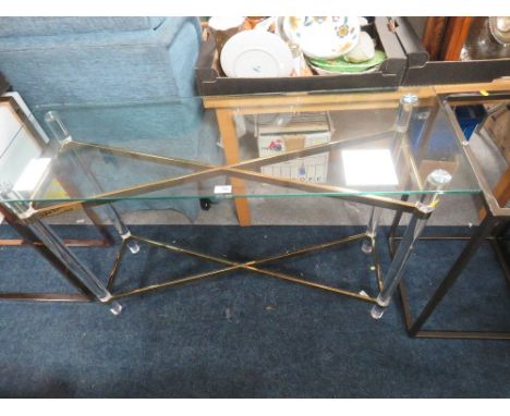 A MODERN GLASS TOPPED CHROME / GOLD CONSOLE TABLE H 78 cm, W 120 cm, D 40 cm
