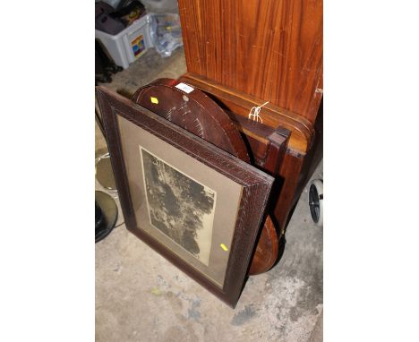 A VINTAGE BAGATELLE GAME TOGETHER WITH TWO WOODEN FOLDING TABLES AND AN OAK FRAMED PRINT