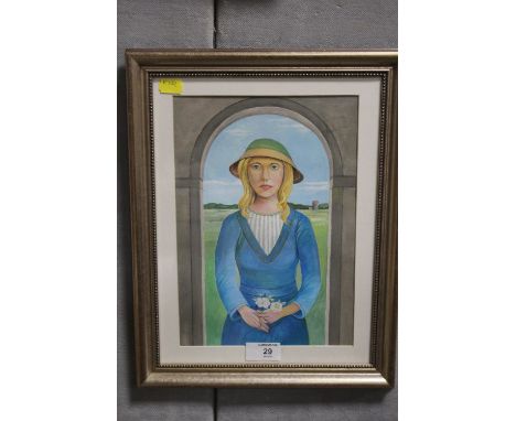 A FRAMED AND GLAZED MODERN OIL ON BOARD PORTRAIT STUDY OF A WOMAN HOLDING FLOWERS  