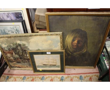 A VINTAGE FRAMED PEARSON PRINT OF A YOUNG GIRL, TOGETHER WITH A FRAMED PRINT OF A CLIPPER SHIP AND ANOTHER GILT FRAMED PRINT 