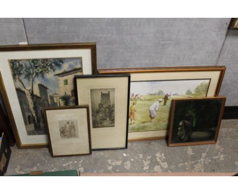 A FRAMED AND GLAZED PEN AND INK SKETCH OF AN INTERIOR SCENE WITH FIGURES TOGETHER WITH A PRINT OF ELY CATHEDRAL, A FRAMED OIL