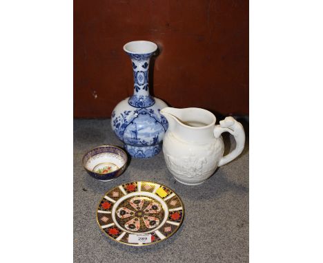 A ROYAL CROWN DERBY IMARI PLATE OF SMALL PROPORTIONS TOGETHER WITH A SPODE BOWL, BLUE AND WHITE DELFT VASE AND A WEDGWOOD JUG