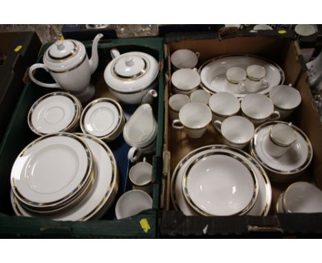 TWO TRAYS OF ROYAL WORCESTER 'RAFFLES' PATTERN TEA AND DINNERWARE TO INCLUDE TEA AND COFFEE POTS, CUPS SAUCERS, DINING PLATES