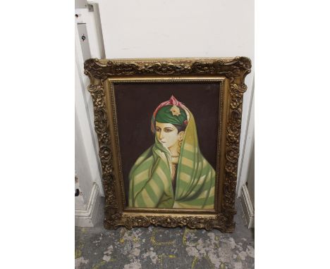 A LARGE GILT FRAMED OIL ON CANVAS PORTRAIT STUDY OF AN EASTERN LADY SIGNED INDISTINCTLY LOWER LEFT