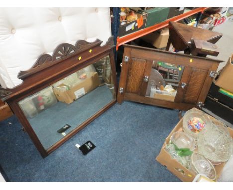 A VINTAGE OAK MIRRORED HANGING HAT / COAT STAND, W 91 cm, TOGETHER WITH AN EDWARDIAN MAHOGANY MIRROR (2)