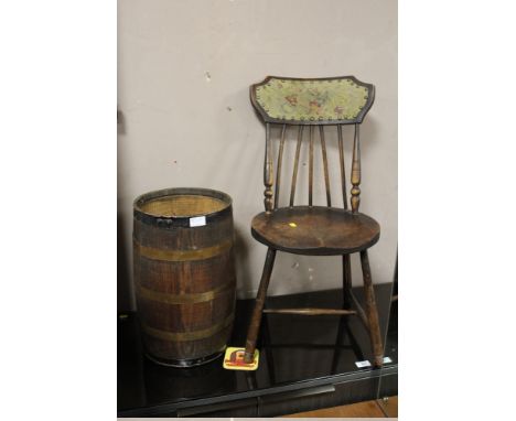 AN ANTIQUE STICK BACK CHAIR TOGETHER WITH AN OAK BANDED BARREL SHAPED STICK STAND (2)