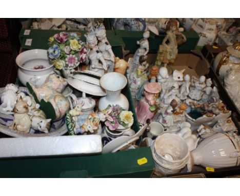 TWO TRAYS OF CERAMIC FIGURES ETC. TO INCLUDE CAT FIGURES