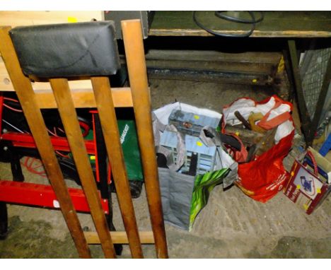 A WORK BENCH, PLATFORM LADDER PLUS A SELECTION OF HAND TOOLS AND PARTS ETC