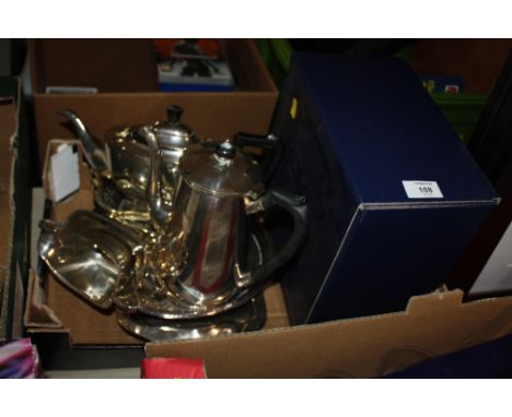A SILVER PLATED FOUR PIECE TEA SERVICE TOGETHER WITH A BOXED MAPPIN &amp; WEBB COMPORT, SERVING TRAY ETC...