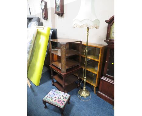 A RETRO SMALL GLAZED BOOKCASE WITH TWO TABLES, STOOL, LAMP ETC