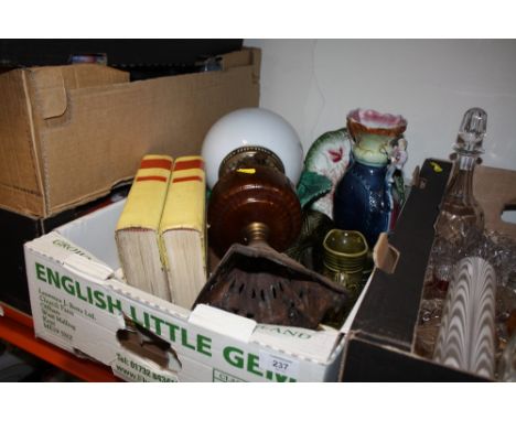 A TRAY OF ASSORTED CERAMICS TOGETHER A VINTAGE OIL LAMP, HOME MANAGEMENT BOOKS ETC.