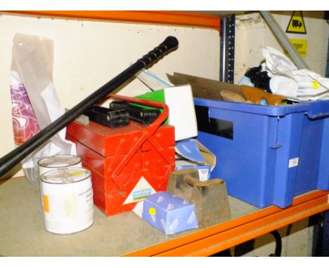 A SELECTION OF TOOLS AND PARTS TO INCLUDE A TOOLBOX TAP FITTINGS, PICK AXE  ETC