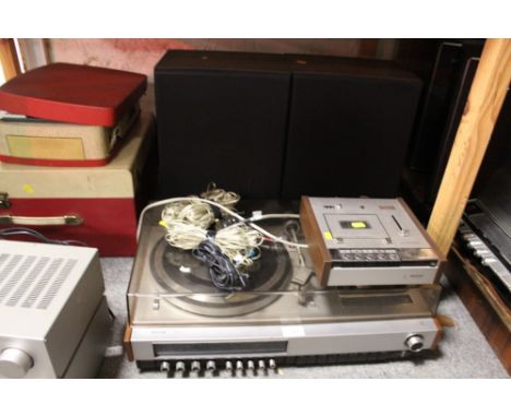 A PHILLIPS RH802 RECORD DECK TOGETHER WITH A PHILLIPS CASSETTE RECORDER AND SPEAKERS 