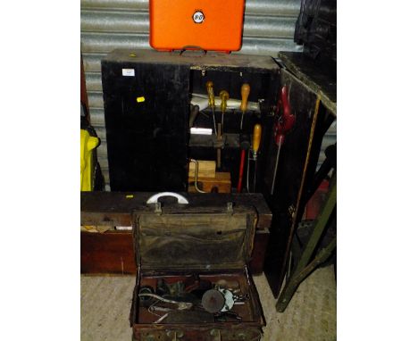 A TOOL CABINET PLUS CONTENTS, BOX, VINTAGE TOOLS, CASED JIGSAW ETC