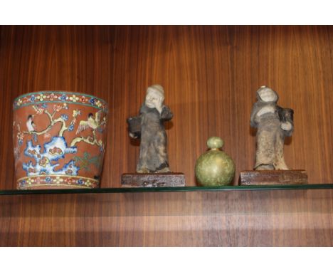 AN ORIENTAL TERRACOTTA PLANTER TOGETHER WITH A PAIR OF MONK FIGURES ON OAK PLINTHS AND A ROYAL WORCESTER LIDDED JAR S/D (4)