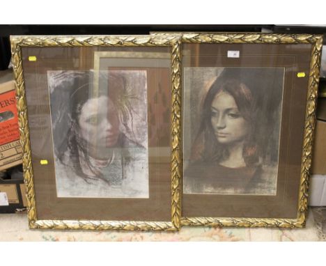 A PAIR OF GILT FRAMED AND GLAZED HEAD AND SHOULDER PORTRAIT PRINTS OF YOUNG LADIES  