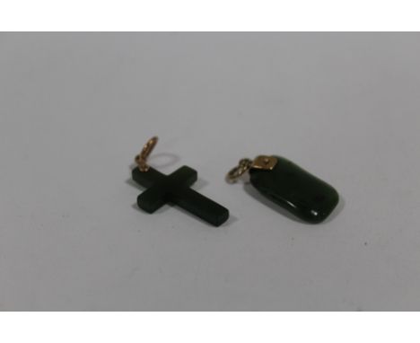 TWO 9 CARAT ROSE GOLD MOUNTED JADE PENDANTS TO INCLUDE A CROSS 