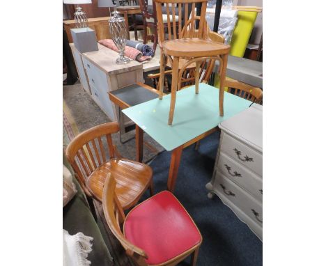 A VINTAGE KITCHEN TABLE WITH THREE BENTWOOD CHAIRS &amp; ANOTHER&nbsp;&nbsp;(5)