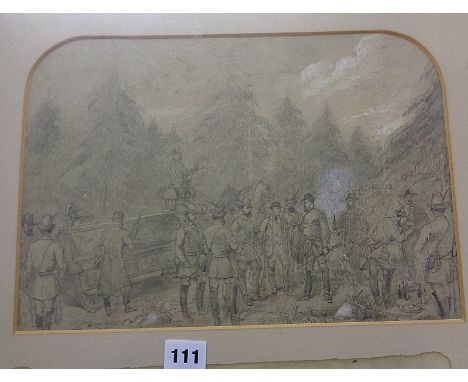 Early 20th century pencil drawing of Edward VII (Prince of Wales) whilst hunting for Elk in Sweden, the drawing shows the arr