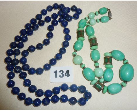 Old Chinese jade coloured Peking glass bead necklace, and a lapis lazuli beaded necklace