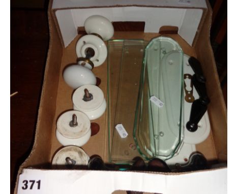 Assorted old door furniture, glass and china finger plates and doorknobs