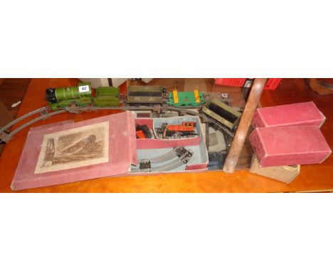 Hornby 0 gauge L.N.E.R locomotive and goods wagons (3), two boxed, and a Brimtoy Tinplate Train set in box